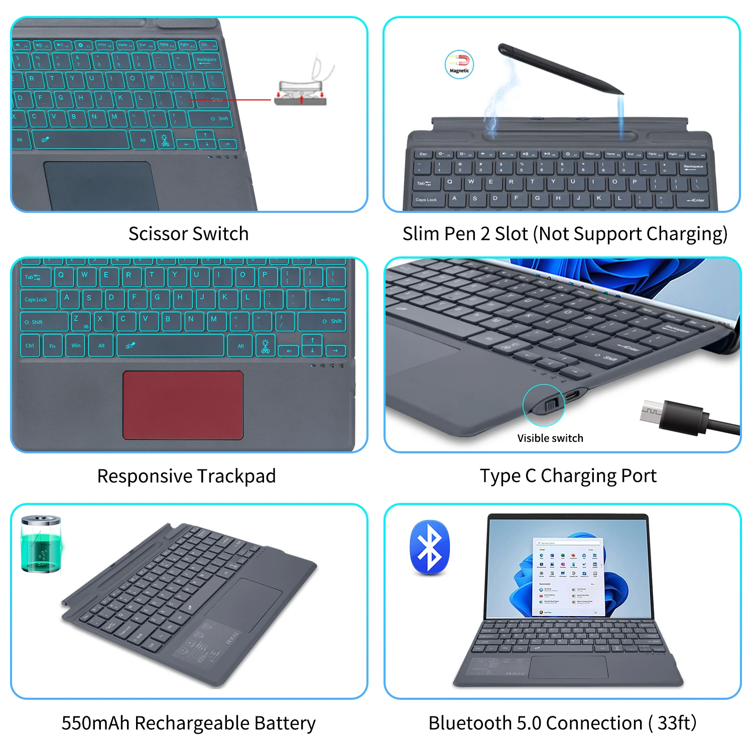 Surface Pro 9 Wireless Keyboard with Touchpad Backlit Rechargeable and Detachable Keyboard for Microsoft Surface Pro X Pro 8 BT