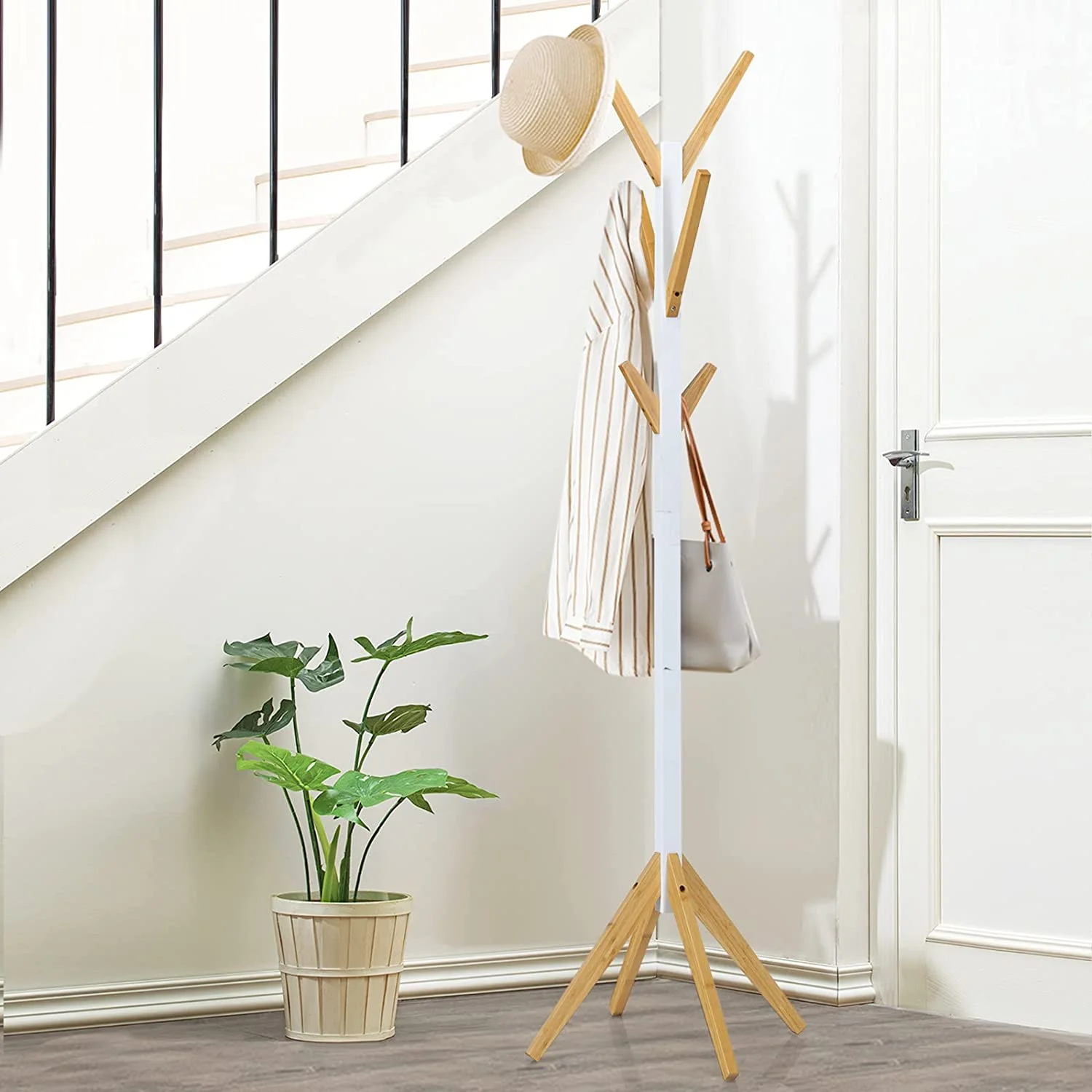 Bamboo Standing Hanger Organizer Coat Rack With Shelves Freestanding Hall Tree With Buy Coat