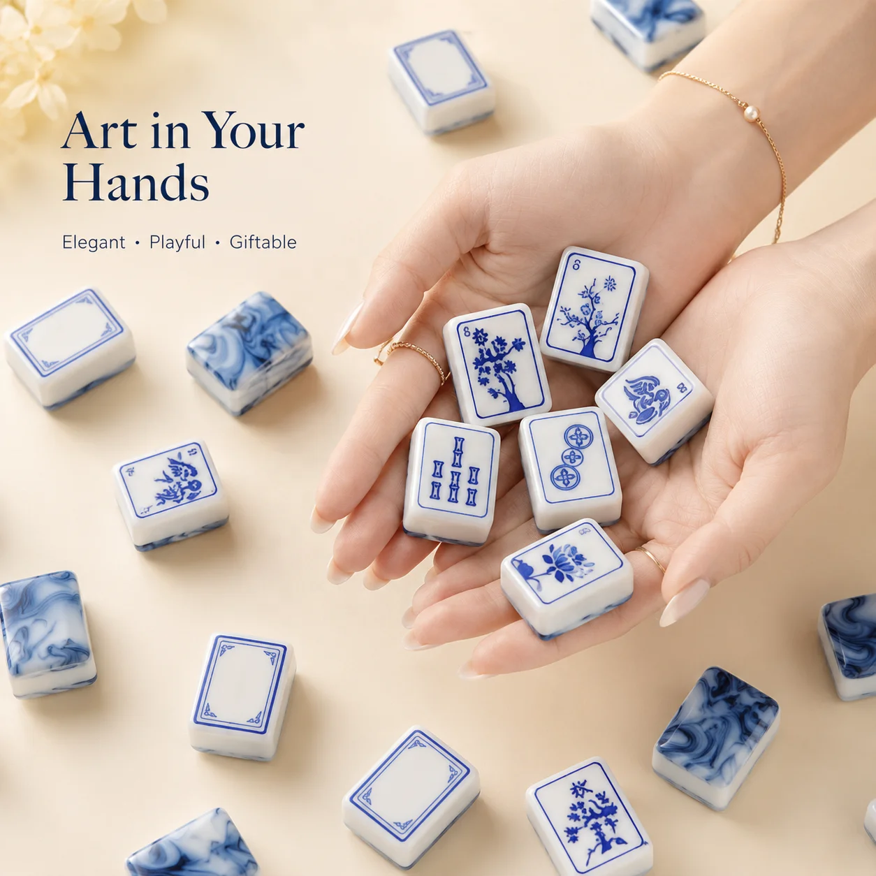 Blue & White Porcelain American Mahjong Set,160Pcs 4-Layer Acrylic Tiles,Chinoiserie Custom Mahjong Game Wholesale