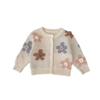 Spring and Autumn 2025 Sweater for Girls Hand-hooked Flower Jacquard Knitted Coat Round-neck Cardigan