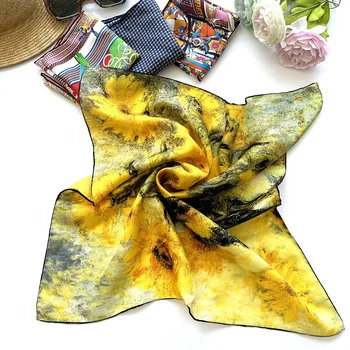 Multicolor Women Small MOQ Wholesale Luxury Handkerchief Bandanas Soft Square Satin Silk Scarf For Women