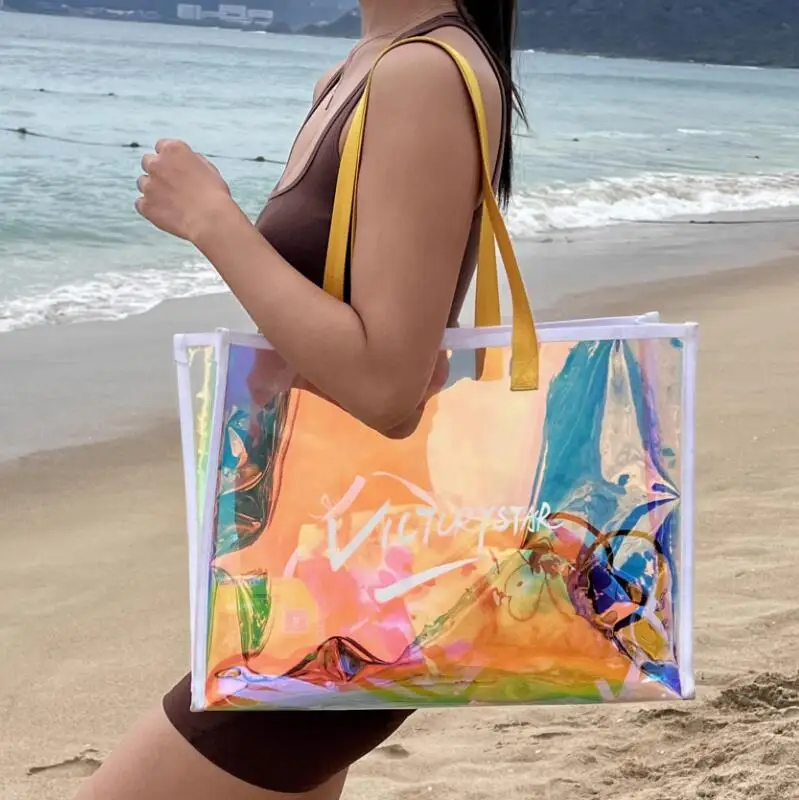 Custom Clear Transparent Holographic PVC Gift Iridescent Fashionable  Shopping Tote Beach Bag Hologram TPU Laser Handle Bag
