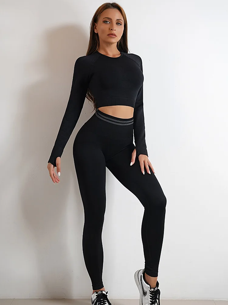 Fashion Activewear Outfit Women Long Sleeve Leggings Knitted Gym ...