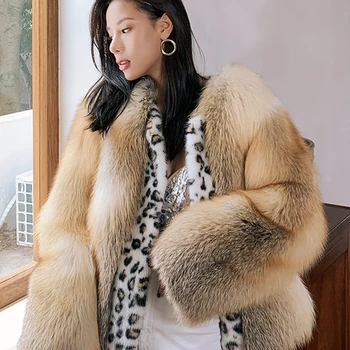 Custom luxury golden print mink fox fur coats natural color real fox fur coats women