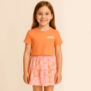 Custom Logo Girls 2 Piece Summer Outfit Ribbed Crop Top and Printed Tiered Skirt Set Kids Wear Girls Clothing