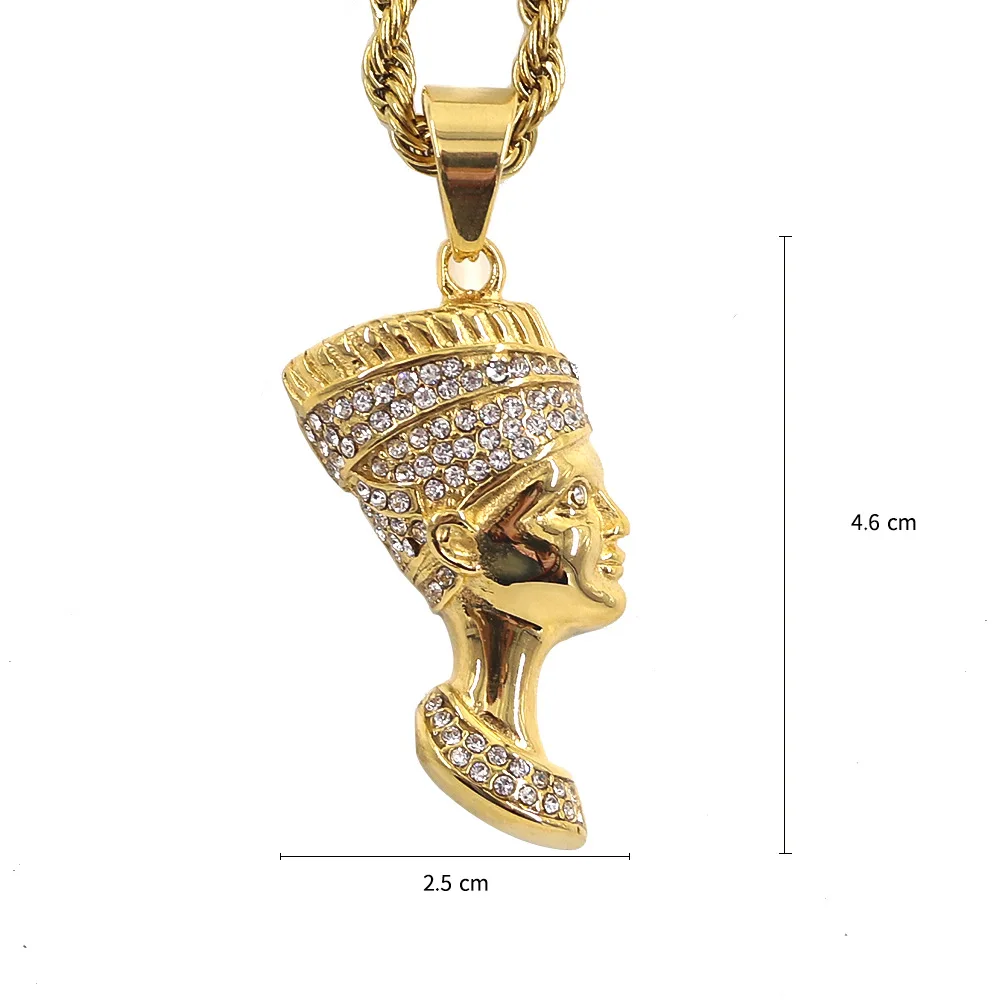 Charm Egyptian Stainless Steel 2021 New Fashion Hip Hop Men Gold Plated Egyptian Queen Cleopatra Pendant with Diamond Necklace