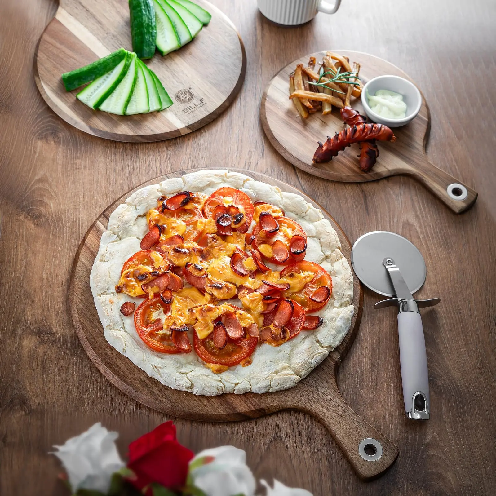 product custom 3 piece wood cutting board set kitchen chopping board pizza paddle with handle charcuterie serving board-3