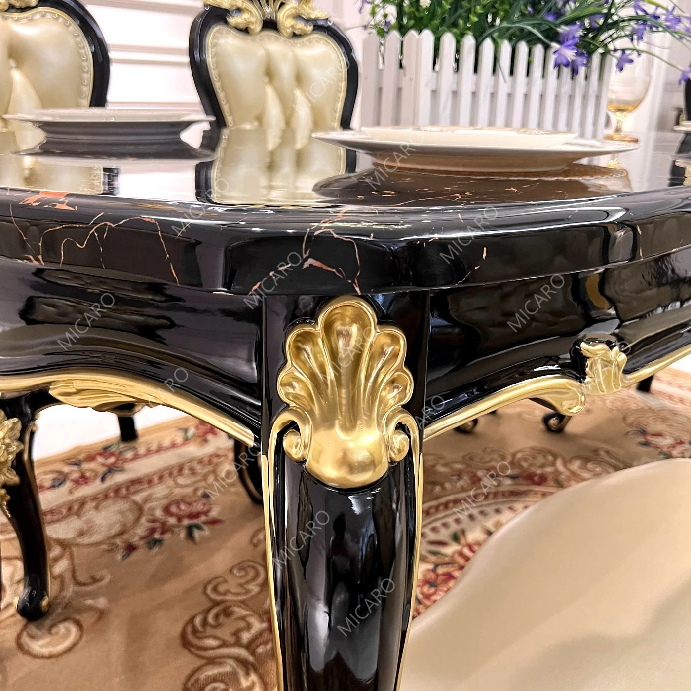 French Model Latest Design of Ebony Black Color Marble Top Wooden Antique Dining Table with 6 Chairs