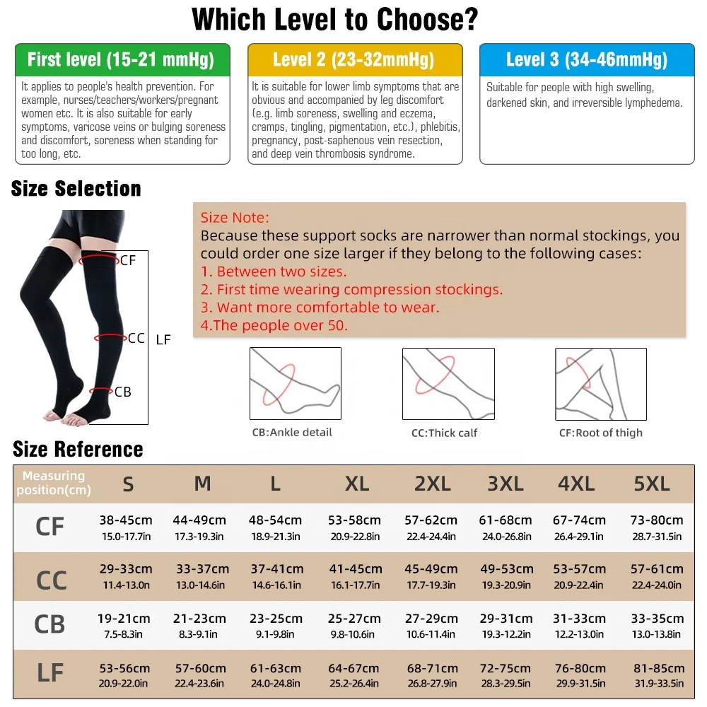 Durable Semi-transparent Compression Over Knee Stockings 15-20mmhg 20-30mmHg Open Toed for Varicose Veins
