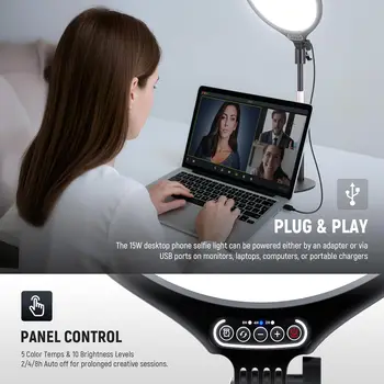 NEEWER Basics 10.5" Desk Ring Light with Stand/Phone Holder/Timer, 3000-6500K Full Screen 15W LED Selfie Panel Lighting for detail image