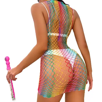 Wholesale Girls Fishnet Sexy Erotic Rainbow Outfit Stripper Exotic Pole Dance Wear Summer Beach Bodysuits Costumes