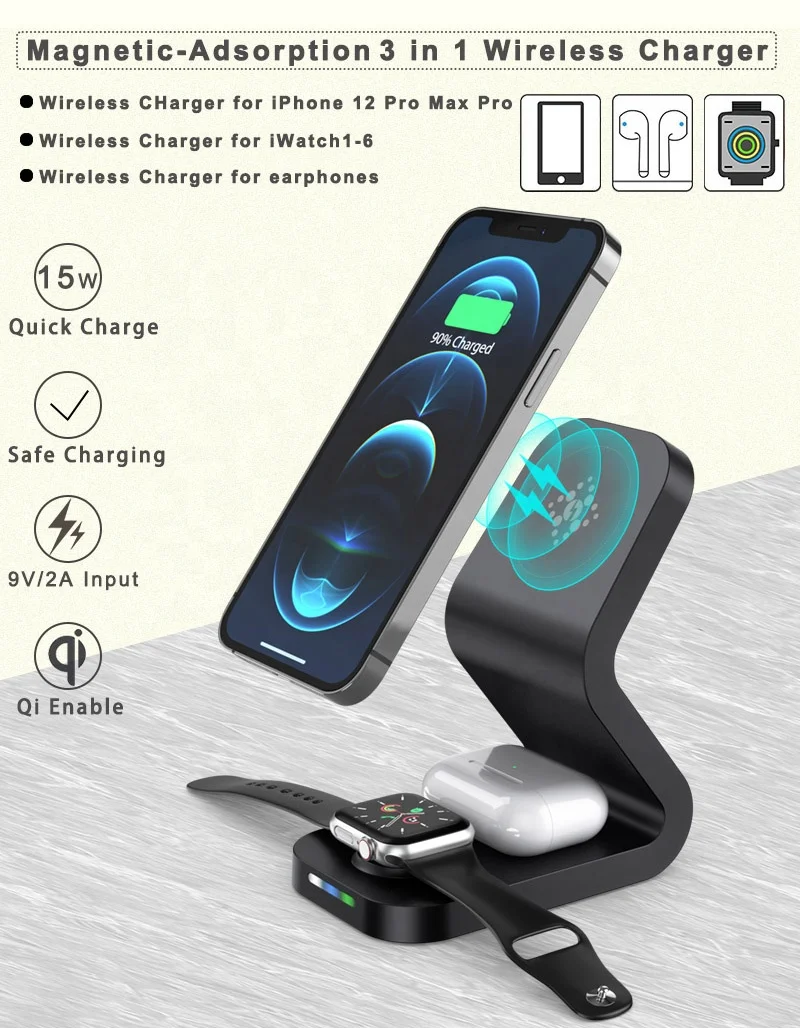 New Arrival 15w 3 in 1 Wireless Charger Magnetic Fast Charge Stand 3-in-1 Wireless Charging Dock Station for Magsafe for iPhone