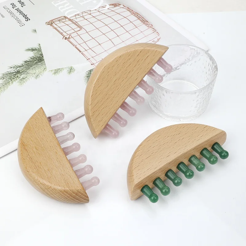 Custom Private Label Scalp Gua Sha Comb Wooden Handle Head Massager with Natural Stone Teeth for Massaging the Scalp