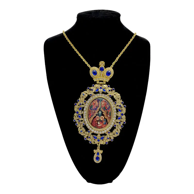 Ht Gold Alloy Byzantine Jesus Icon Pendant With Chain Round Russian