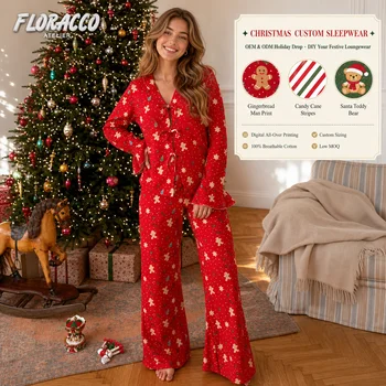 Christmas Print Pajama Set Soft Polyester Spandex Lace-Up Long Sleeve Shirt Wide Leg Pants Casual Lounge Sleepwear