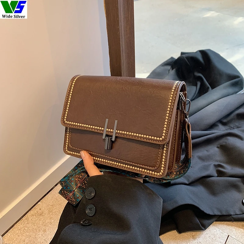 Wide Silver Factory's Vintage Women's Leather Messenger Bag Single Buckles PU Lining for Summer Winter Designed for Ladies