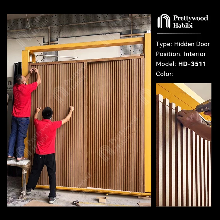 Prettywood Vertical Slats Wall Panel Cladding Design Solid Wooden Interior Frameless Invisible Concealed Hidden Door factory