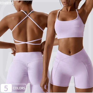 YISHENHON Hot Sexy High  Halter Neck Sports Bra Low Cut Shockproof Open Back Yoga Fitness Tops Set for Women