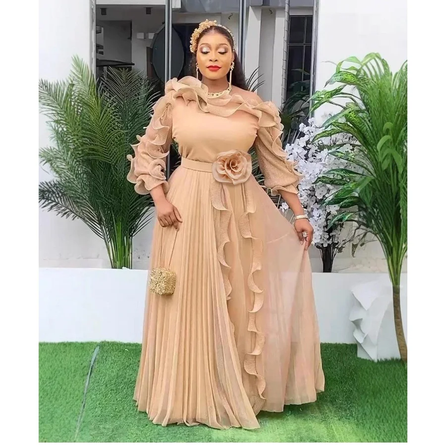 Plus Size Women Elegant Casual Dresses Champagne Chiffon Evening Dress  Off-Shoulder Ruffle Sleeve Floral Belt Long Prom Dress