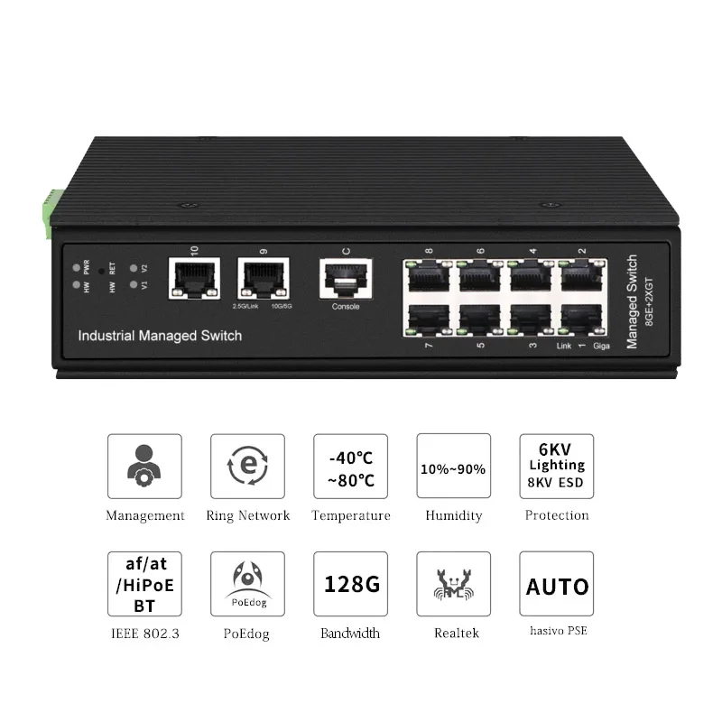 DIN Rail 2 10G RJ45 Uplink 8 Port PoE L3 Managed Switch supplier