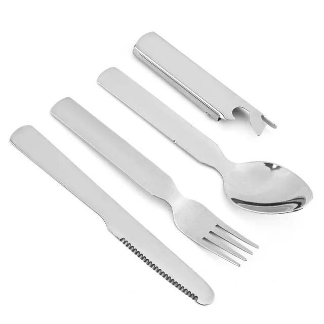 Outdoor Survival picnic camping cutlery, Metal portable cutlery sets ,Knife, Fork, Spoon and Lid opener combination 4-in-1 set