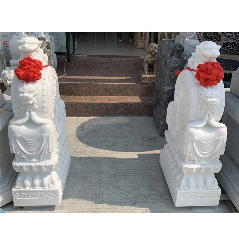 Outdoor Decoration Lion Pure White Marble Statues Animals Large Stone Sculpture