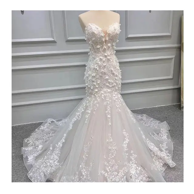 Deep-V Sexy Lace Embroidery Wedding Dresses Sleeveless Lace Bridal Wedding Dress Tulle Luxury Lace Fishtail wedding dress