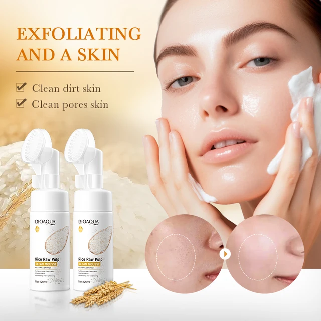 BIOAOUA Rice Puree Facial Cleanser Mousse Foam Facial Cleanser Brush Head Acne Deep Cleaning Pore Exfoliating Facial Cleanser