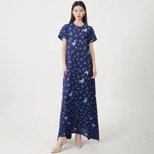 Summer Women's Fashion Dress High Quality Loose Plus Size Pleated Print Dress Short Sleeve Irregular Dress