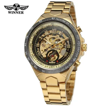 Winner men's personality fashion gold all steel hollow out automatic mechanical watch wholesale