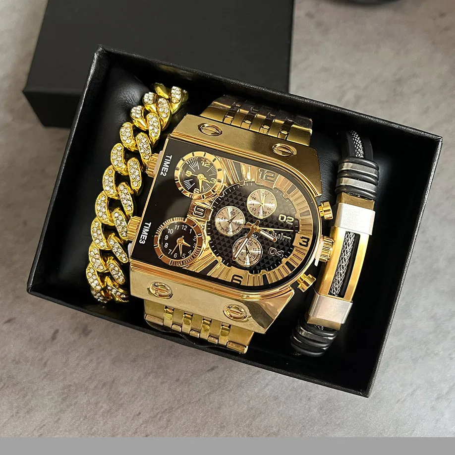 Oulm Multi Time Zone Large Dial Fashion Wristwatch Luminous Mens Watches Luxury Stainless Steel Bracelet Men Quartz Watch Set