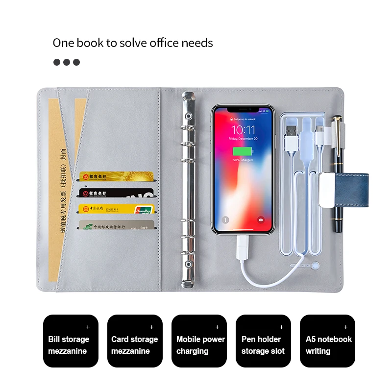 Secure Lock Planner Diary Notebook Glowing Light Screen logo Smart Fingerprint Unlock Charger Memo Notebook with Power Bank