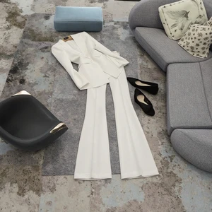 High Quality Lady Office Suit Long Sleeve Blazer Flared Pants Solid Color 2Pcs Button Decoration Made Polyester