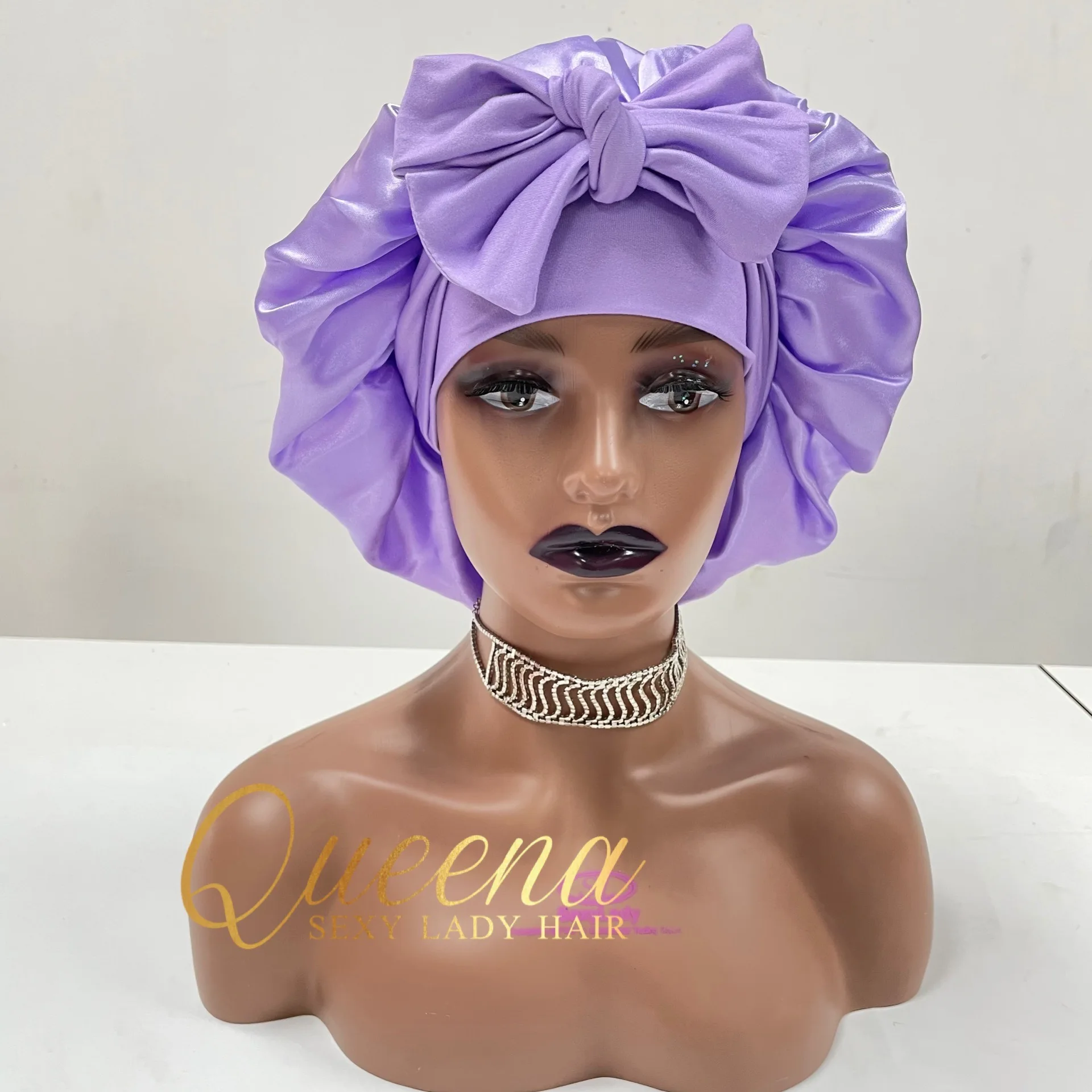 ? Lovely Shiny Lilac Satin Hair Bonnet ? yanibest Tie Band Double Layer Butter Satin Bonnet Silk  main image 2