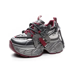 High Quality Leather Thick Soled 9CM Women's Shoes, Women's 2026 Spring New Mesh Rhinestone Casual Sports Shoes