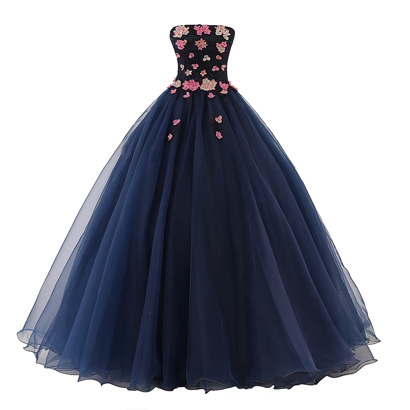 Feishiluo Wholesale Empire Navy Blue Sleeveless Flowers Floral Evening  Dress Ball Gown Floor Length Party Prom Dress