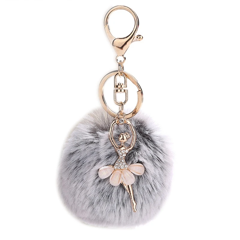 Брелок для ключей с помпоном из искусственного меха, плюшевый шарик с блестящими стразами, подвеска в виде танцовщицы балета, шарм, сумка, ювелирный брелок