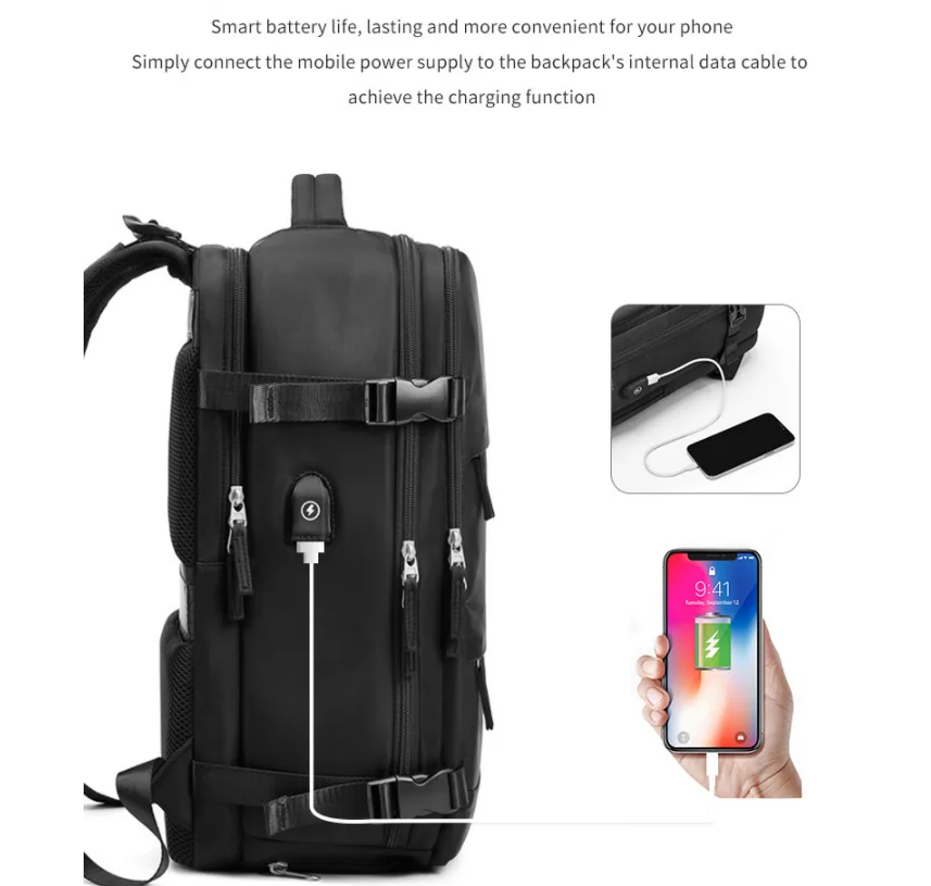 Factory Custom High Quality Extendable Laptop Backpack Business Travel Bag for Men RFID USB Waterproof Features Geometric Open