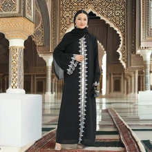 Loriya Elegant Black Abaya with Floral Bloom Embroidery Kimono Abaya Islamic Vestidos Dubai Arab Long Rob Women Muslim Abaya