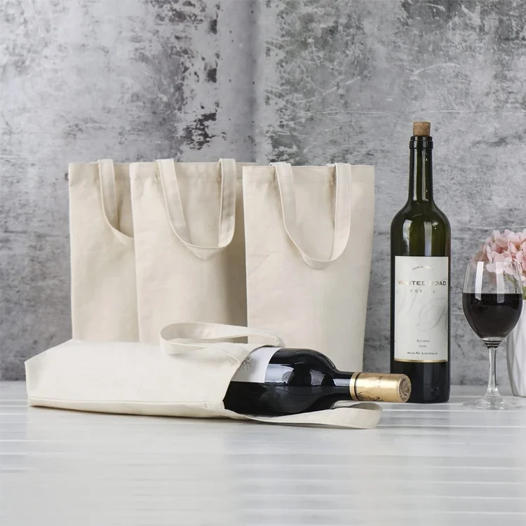 Manufacture Custom Logo Single Bottle Cotton Canvas Wine Carrier Tote Bags With Water Bottle Holder
