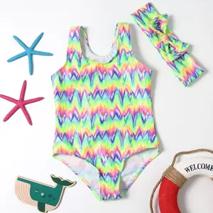 Factory Custom New Cute Kids One  Piece Bikini With Hair Band Girl Swimsuit Child Thong Swimwear