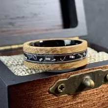 Custom Whiskey Barrel Iron Wood Meteorite Guitar String Inlay Deer Antler Engagement Ring Black Tungsten Wedding Band