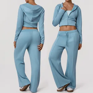 Roregal 2026 Fall/Winter Fashionable Wide Leg Jogger Set Long Sleeve Crop Hooded Top Yoga Sweatpants Set