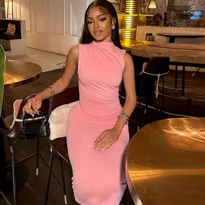 Summer 2026 Women Sleeveless Solid Color Casual Pullover Dresses Waist Ruched Long Maxi Trending Dress