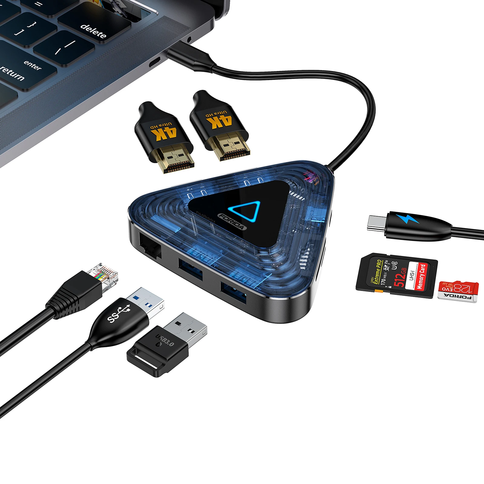 Triangle Shape USB C to 4K Dual HDRMI Hub With Ethernet,2 Port USB3.0, SD TF Card Reader PD 100W for Macbook Pro and Samsung S9