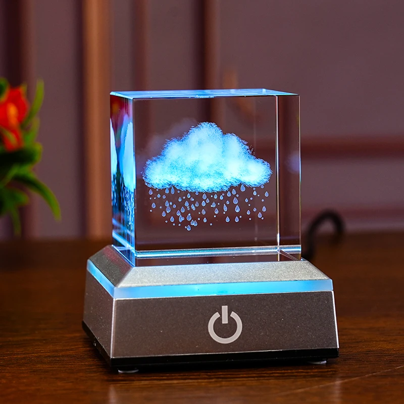 Factory Direct Custom 3d LED 50MM Engraving cloud Carved Crystals Cube with Lamp Plastic Base Wooden Night Light