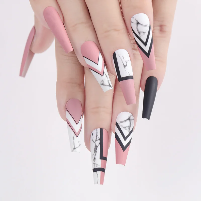 2022 Abstract White Marble Vein Black Pink Colors Matte Long Coffin Press  On Nails Fakenails Hot Nail Tips - Buy Artificial Fingernails Faux Ongles  Fale Nails Press Private Label Abstract Long Coffin