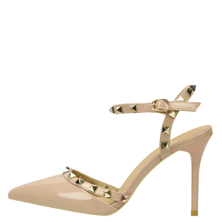 Slotted Tape WithPatent Leather Pointed Rivethigh Heels