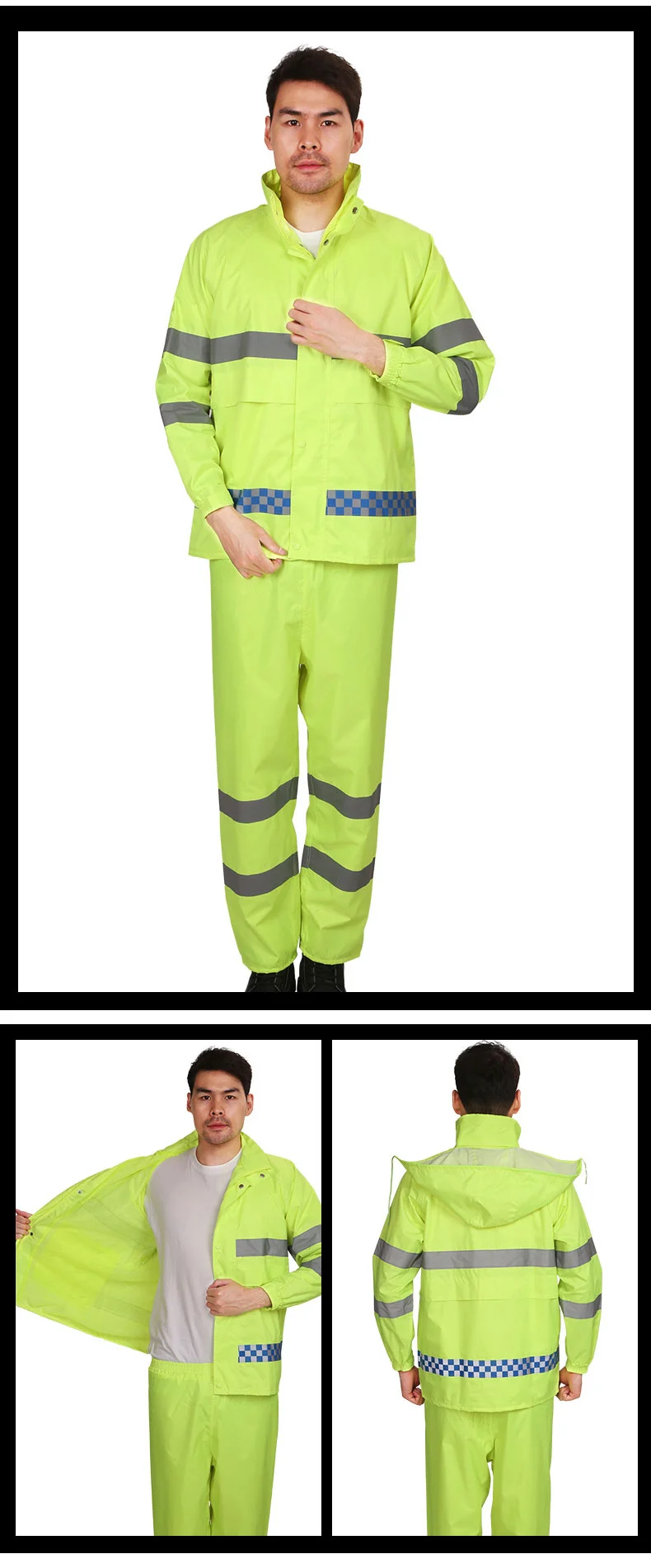 Wholesale Custom Safety Jackets Reflective Fluorescent Green Rainsuit Coat Printing Men Waterproof W