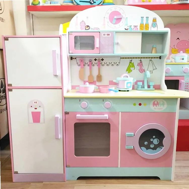 wooden kitchen toy set with refrigerator